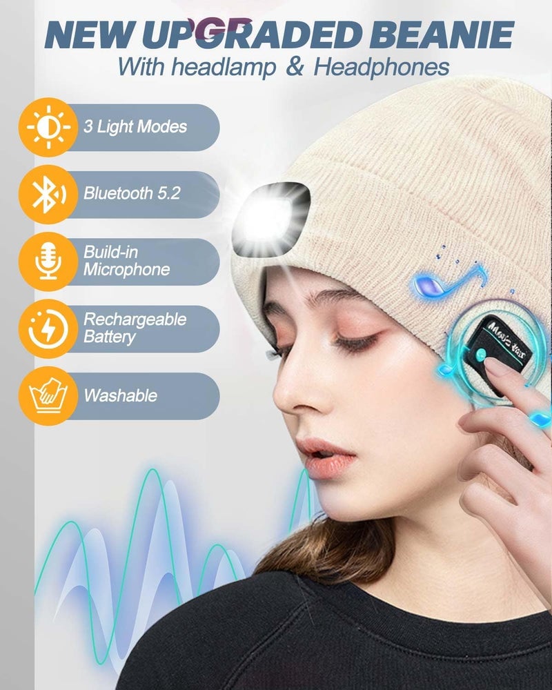 MOXTOYU Bluetooth Beanie with Light, USB Rechargeable LED Headlamp Winter Hat, Christmas Stocking Stuffers Gifts for Men Women - Image 2